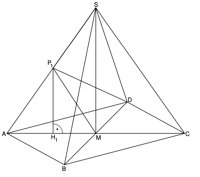 Dreieckspyramide-Skizze mit Basis A B C, Spitze S, Punkten P1 H1 M D sowie eingezeichneten Höhen und Diagonalen.
